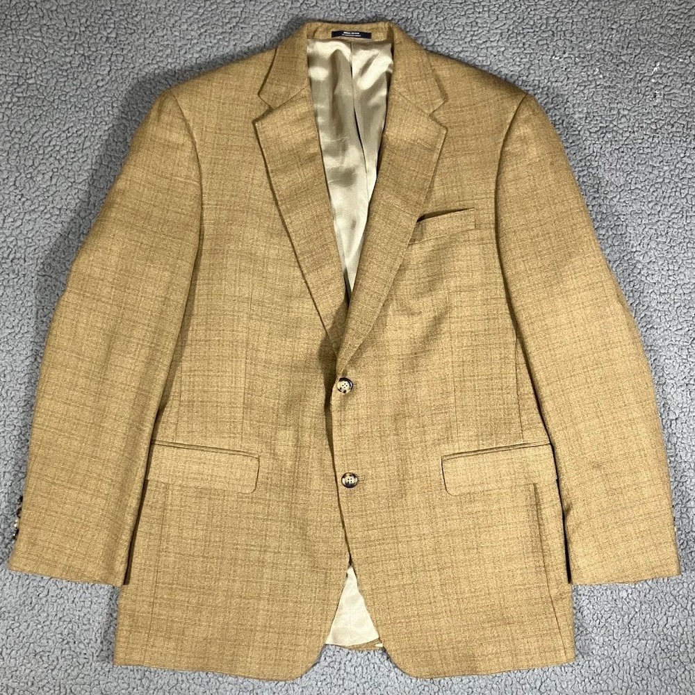 Hart Schaffner Marx Blazer Mens 44L Tan Plaid Wool Sport Coat Made in USA